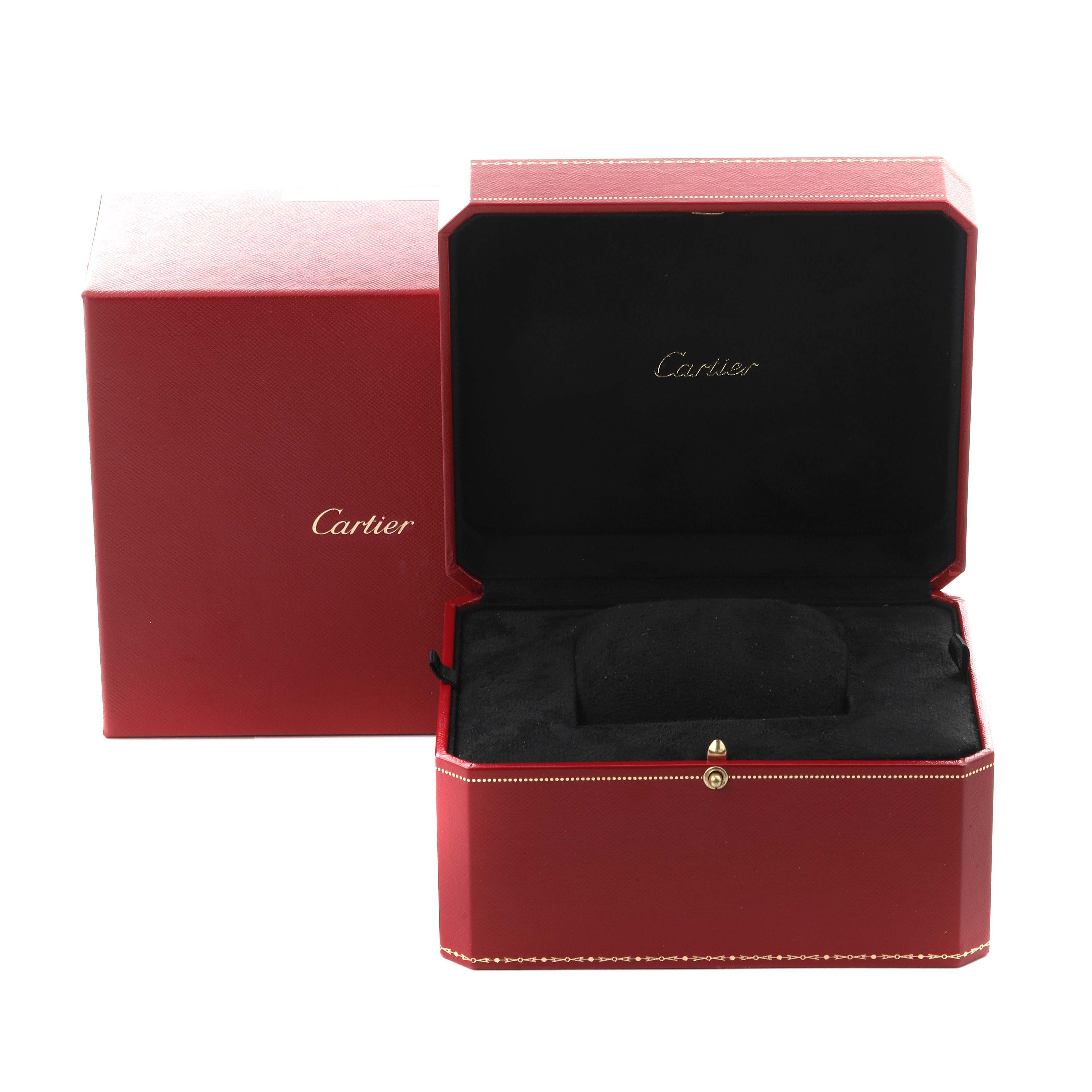 The image shows the open red watch box for the Cartier Ballon Bleu WE9003Z3 Women's White Gold Silver Dial WE9003Z3 Women's White Gold Silver Dial model, with a logo inside.