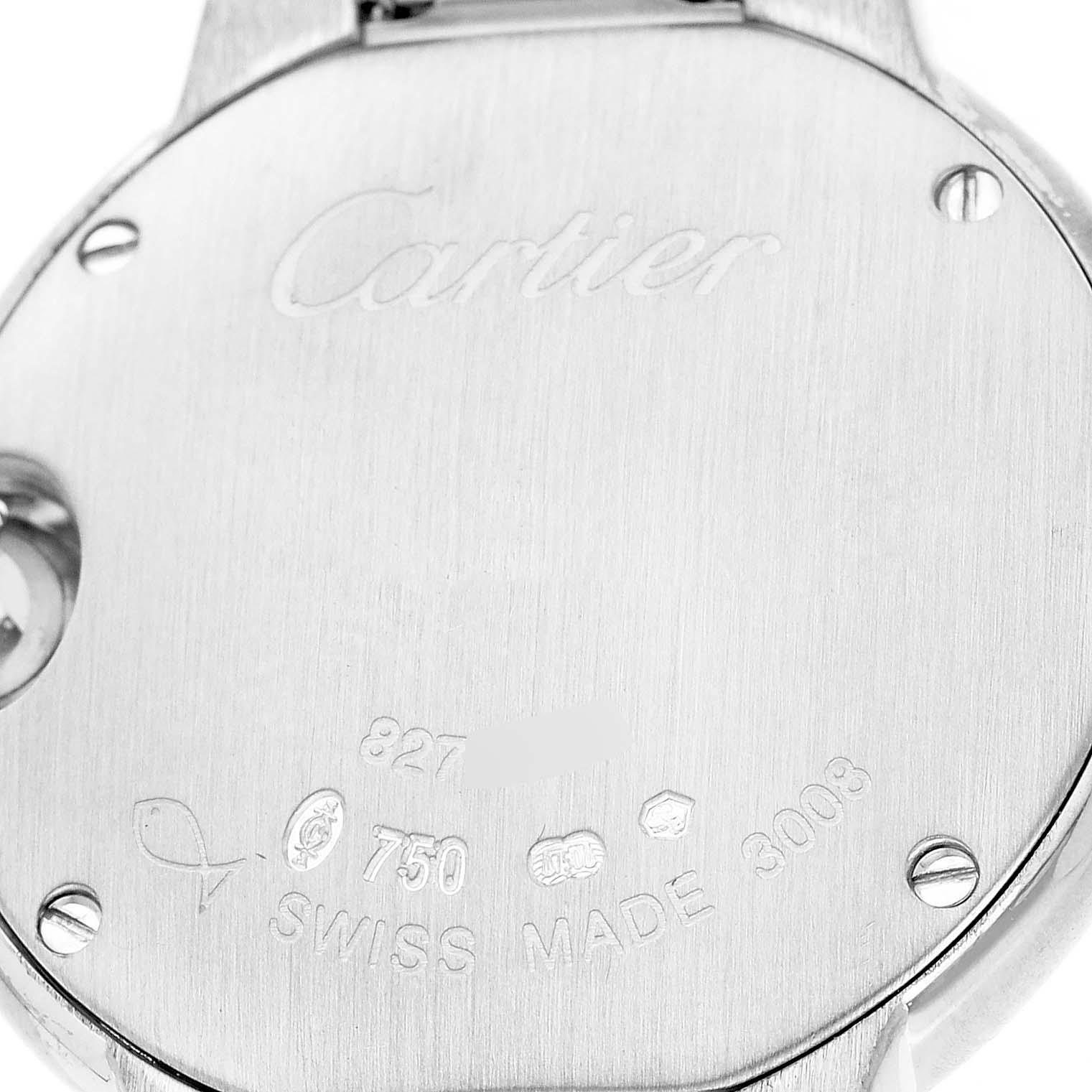 The image shows the engraved back of a Cartier Ballon Bleu WE9003Z3 Women's White Gold Silver Dial WE9003Z3 Women's White Gold Silver Dial watch, displaying the branding and hallmarks.