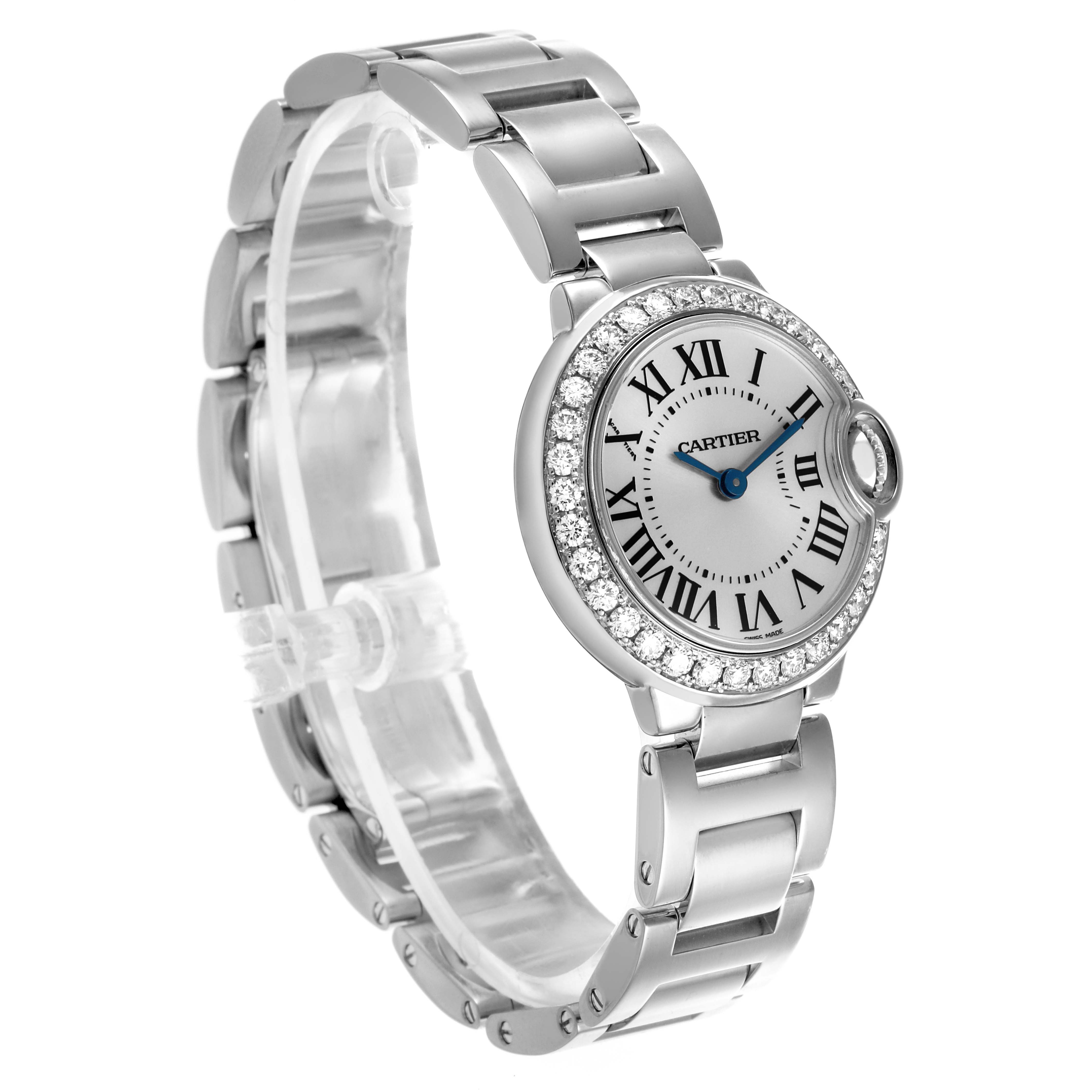 The Cartier Ballon Bleu WE9003Z3 Women's White Gold Silver Dial WE9003Z3 Women's White Gold Silver Dial watch is shown at a three-quarter angle, displaying the face, bracelet, and diamond-studded bezel.