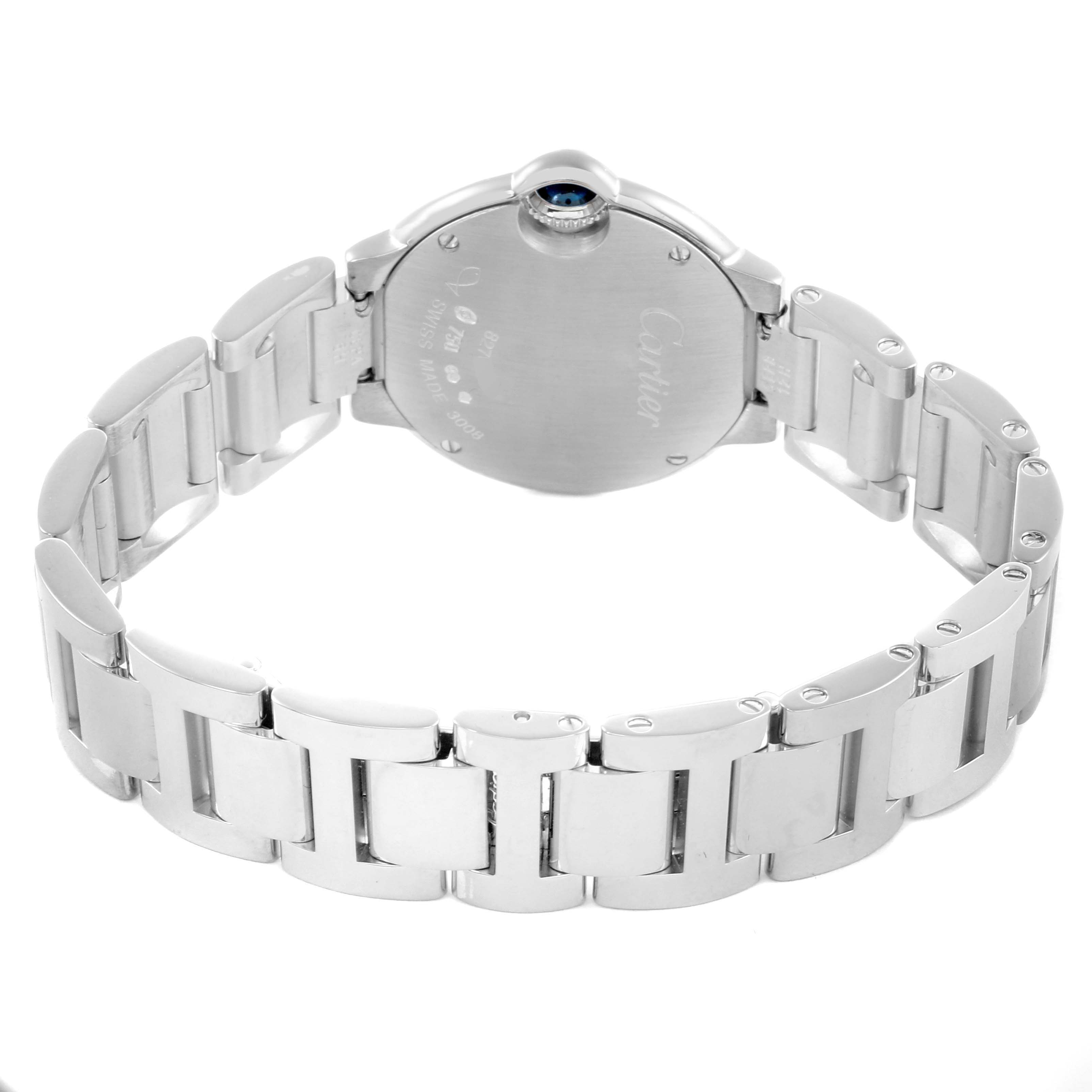 The image shows the backside and bracelet of a Cartier Ballon Bleu WE9003Z3 Women's White Gold Silver Dial WE9003Z3 Women's White Gold Silver Dial watch from a rear angle.