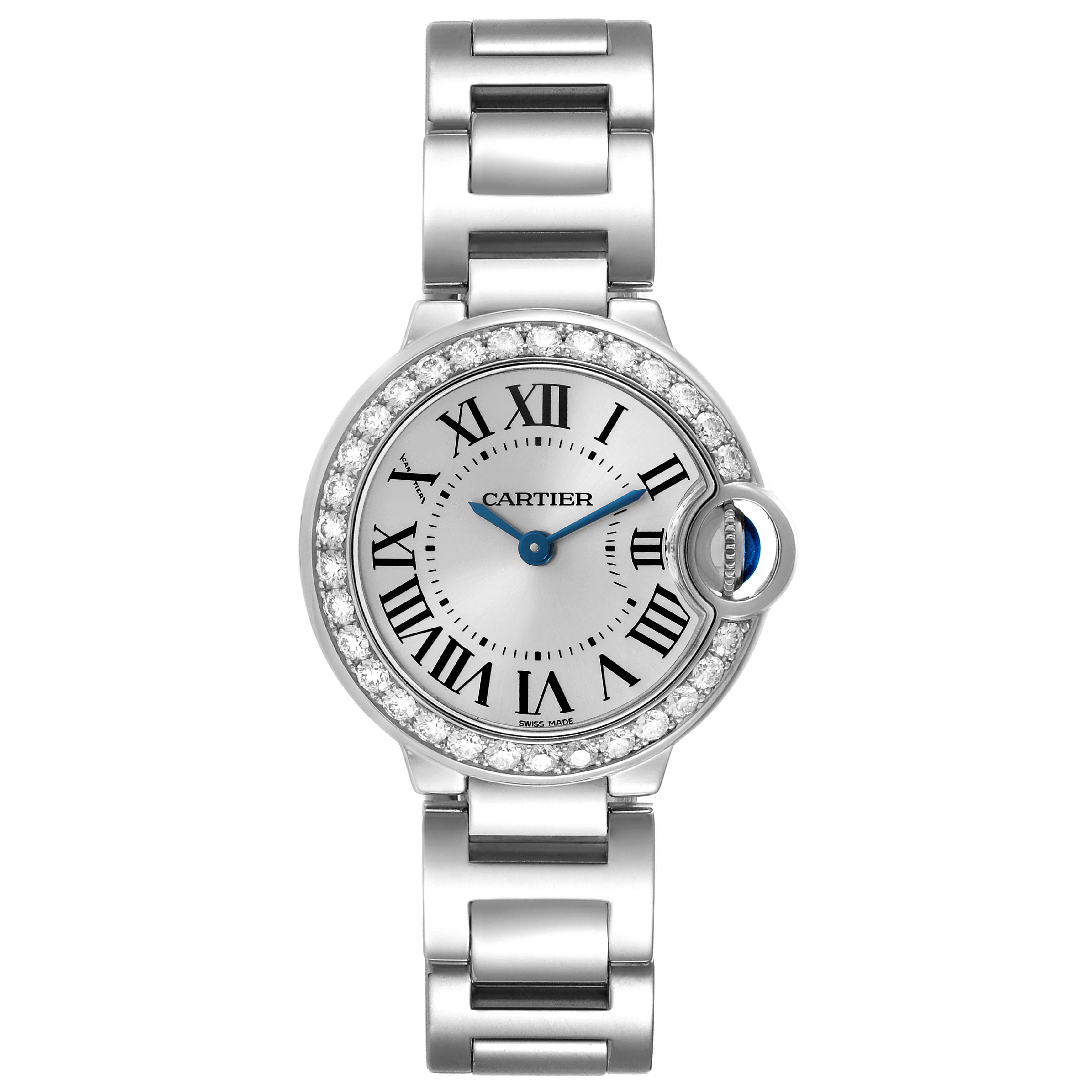 The Ballon Bleu de Cartier watch is shown from a front view, highlighting the dial, bezel, and metal bracelet.