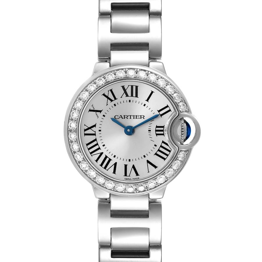The Cartier Ballon Bleu WE9003Z3 Women's White Gold Silver Dial WE9003Z3 Women's White Gold Silver Dial watch is shown from the front, displaying the face, bezel, and bracelet links.