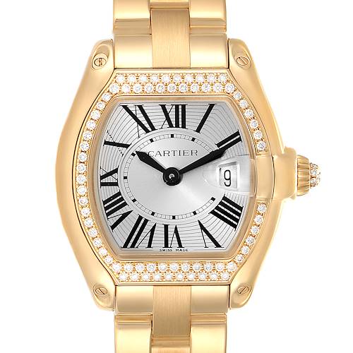The image shows a frontal view of a Cartier Roadster WE5001X1 Women's Yellow Gold Silver Dial WE5001X1 Women's Yellow Gold Silver Dial watch, highlighting its dial, bezel, crown, and bracelet.