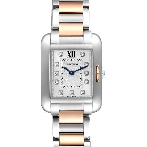 This image shows a Cartier Tank Anglaise WT100024 Women's Steel and Gold (two tone) Silver Dial WT100024 Women's Steel and Gold (two tone) Silver Dial watch from the front, highlighting its rectangular dial and dual-tone metal bracelet.