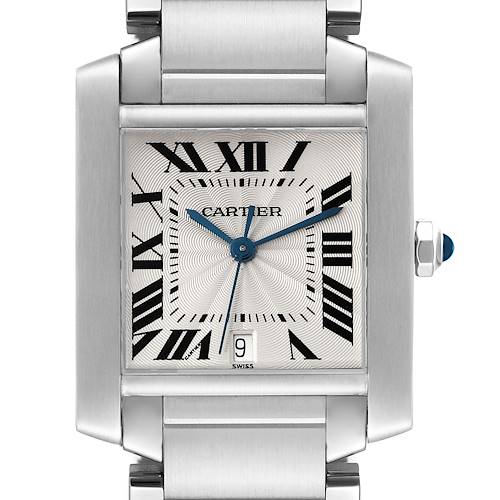 This image shows a close-up of the face and upper bracelet of a Cartier Tank Francaise W51002Q3 Men's Stainless Steel Silver Dial W51002Q3 Men's Stainless Steel Silver Dial watch.