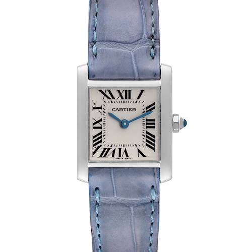 The image shows a front view of a Cartier Tank Francaise W5001256 Women's White Gold Silver Dial W5001256 Women's White Gold Silver Dial watch with a light blue leather strap and Roman numeral dial.