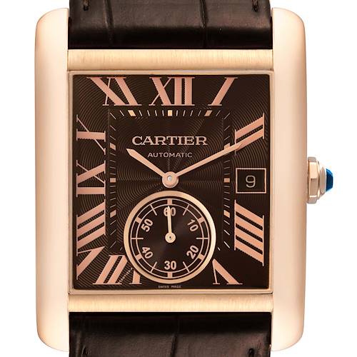 The Cartier Tank MC W5330002 Men's Rose Gold Brown Dial W5330002 Men's Rose Gold Brown Dial watch is shown from a front angle, featuring its dial, hands, date window, and crown.