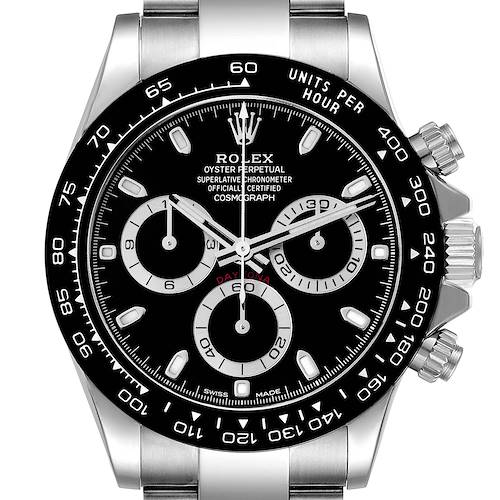 This image shows a front view of a Rolex Daytona 116500 Men's Stainless Steel Black Dial 116500 Men's Stainless Steel Black Dial watch, highlighting the face, bezel, bracelet, and crown.