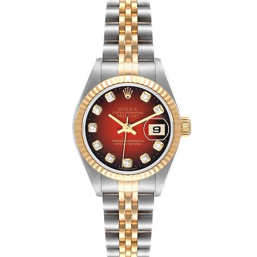 The image shows a straight-on view of a Rolex Datejust 79173 Women's Steel and Gold (two tone) Red Dial 79173 Women's Steel and Gold (two tone) Red Dial watch, displaying the dial, bezel, and bracelet.