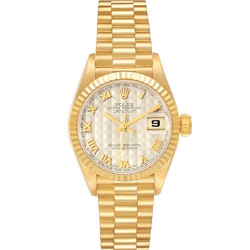 The image shows a front view of the Rolex President 69178 Women's Yellow Gold Beige Dial 69178 Women's Yellow Gold Beige Dial model watch, featuring the dial, bezel, bracelet, and date window.