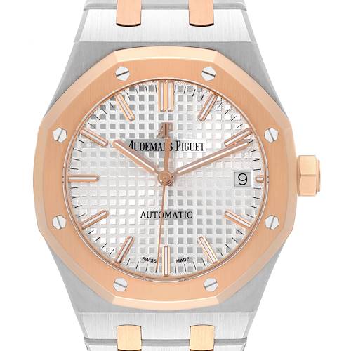 This image shows a close-up of the Audemars Piguet Royal Oak 15450SR.OO.1256SR.01 Men's Steel and Gold (two tone) Silver Dial 15450SR.OO.1256SR.01 Men's Steel and Gold (two tone) Silver Dial watch face and part of the band.