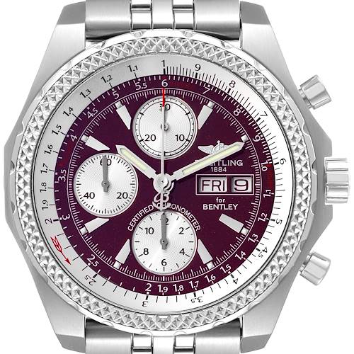 The image shows a front view of the Breitling Bentley A13363 Men's Stainless Steel Burgundy Dial A13363 Men's Stainless Steel Burgundy Dial watch, highlighting the dial, bezel, and part of the bracelet.