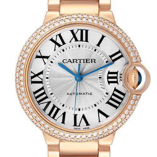 The Cartier Ballon Bleu WE9005Z3 Women's Rose Gold Silver Dial watch is shown from a front angle, displaying the dial, hands, and diamond-set bezel.
