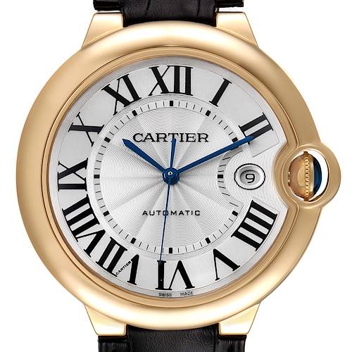 The image shows a frontal view of the Cartier Ballon Bleu W6900551 Men's Yellow Gold Silver Dial W6900551 Men's Yellow Gold Silver Dial watch, featuring its dial, Roman numerals, and crown.