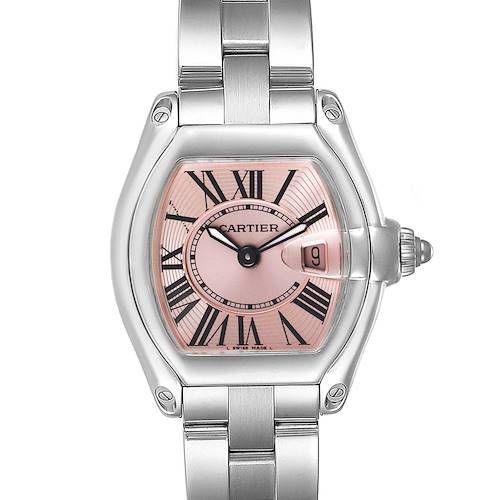 The image shows a frontal view of the Cartier Roadster W62017V3 Women's Stainless Steel Pink Dial W62017V3 Women's Stainless Steel Pink Dial watch, displaying the face, bracelet, and crown.