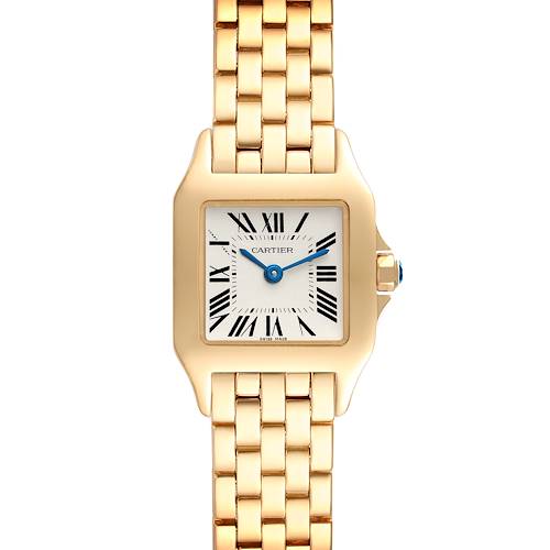 The image shows a front view of the Cartier Santos Demoiselle W25063X9 Women's Yellow Gold Silver Dial W25063X9 Women's Yellow Gold Silver Dial watch, displaying its face and part of the gold bracelet.