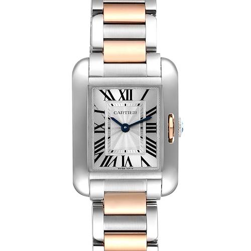 The image shows a front view of the Cartier Tank Anglaise W5310036 Women's Steel and Gold (two tone) Silver Dial W5310036 Women's Steel and Gold (two tone) Silver Dial watch, highlighting the face, bezel, and part of the bracelet.