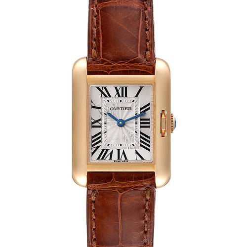 The image shows a Cartier Tank Anglaise W5310028 Women's Yellow Gold Silver Dial W5310028 Women's Yellow Gold Silver Dial watch from a front angle, highlighting the face, case, and leather strap.