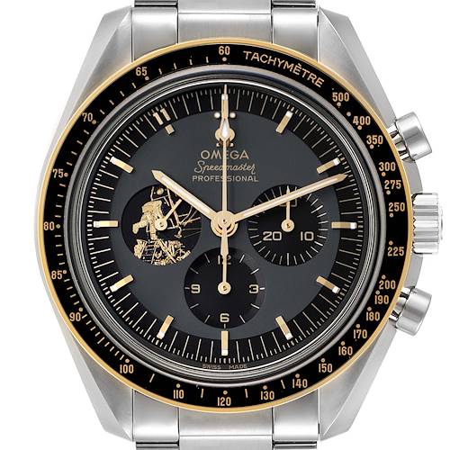 The image shows a frontal view of the Omega Speedmaster 310.20.42.50.01.001 Men's Stainless Steel Grey Dial 310.20.42.50.01.001 Men's Stainless Steel Grey Dial watch, highlighting its tachymeter bezel, chronograph subdials, and bracelet.