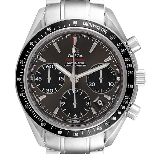 The image shows a front view of the Omega Speedmaster 323.30.40.40.06.001 Men's Stainless Steel Grey Dial 323.30.40.40.06.001 Men's Stainless Steel Grey Dial watch displaying the dial, tachymeter bezel, and chronograph pushers.