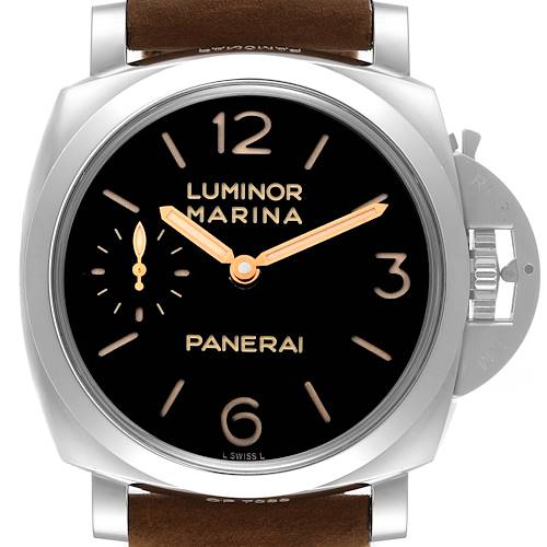 The image shows a front view of the Panerai Luminor PAM00422 Men's Stainless Steel Black Dial PAM00422 Men's Stainless Steel Black Dial watch, highlighting the dial, hands, and crown guard.