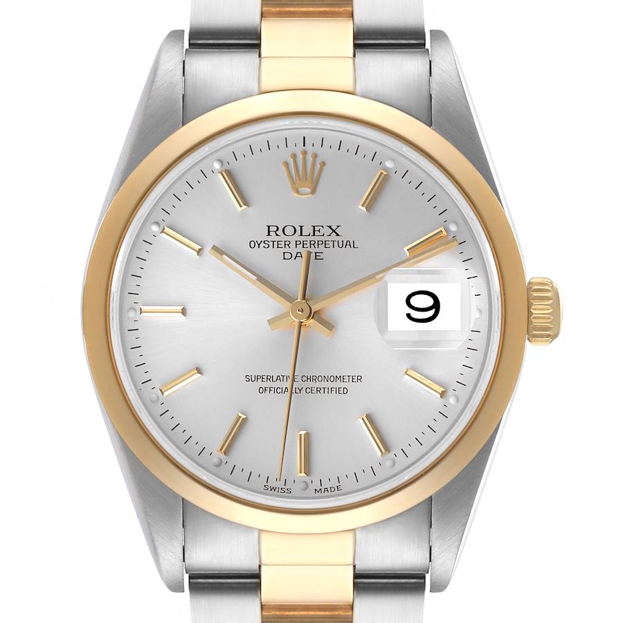 This Rolex Date 15203 Men's Steel and Gold (two tone) Silver Dial 15203 Men's Steel and Gold (two tone) Silver Dial model watch is shown from a front angle, highlighting its silver dial, gold hour markers, date window, and part of its metal bracelet.