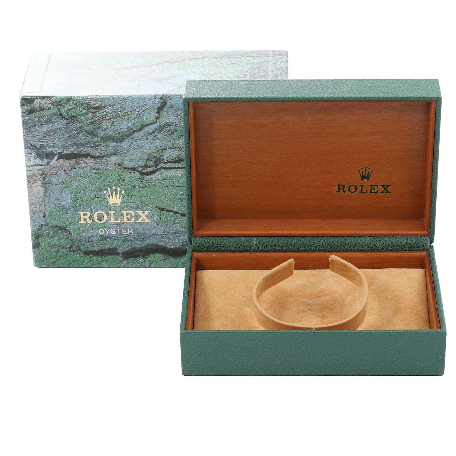The image shows the open box and packaging for a Rolex Date 15203 Men's Steel and Gold (two tone) Silver Dial 15203 Men's Steel and Gold (two tone) Silver Dial model watch at a front angle.