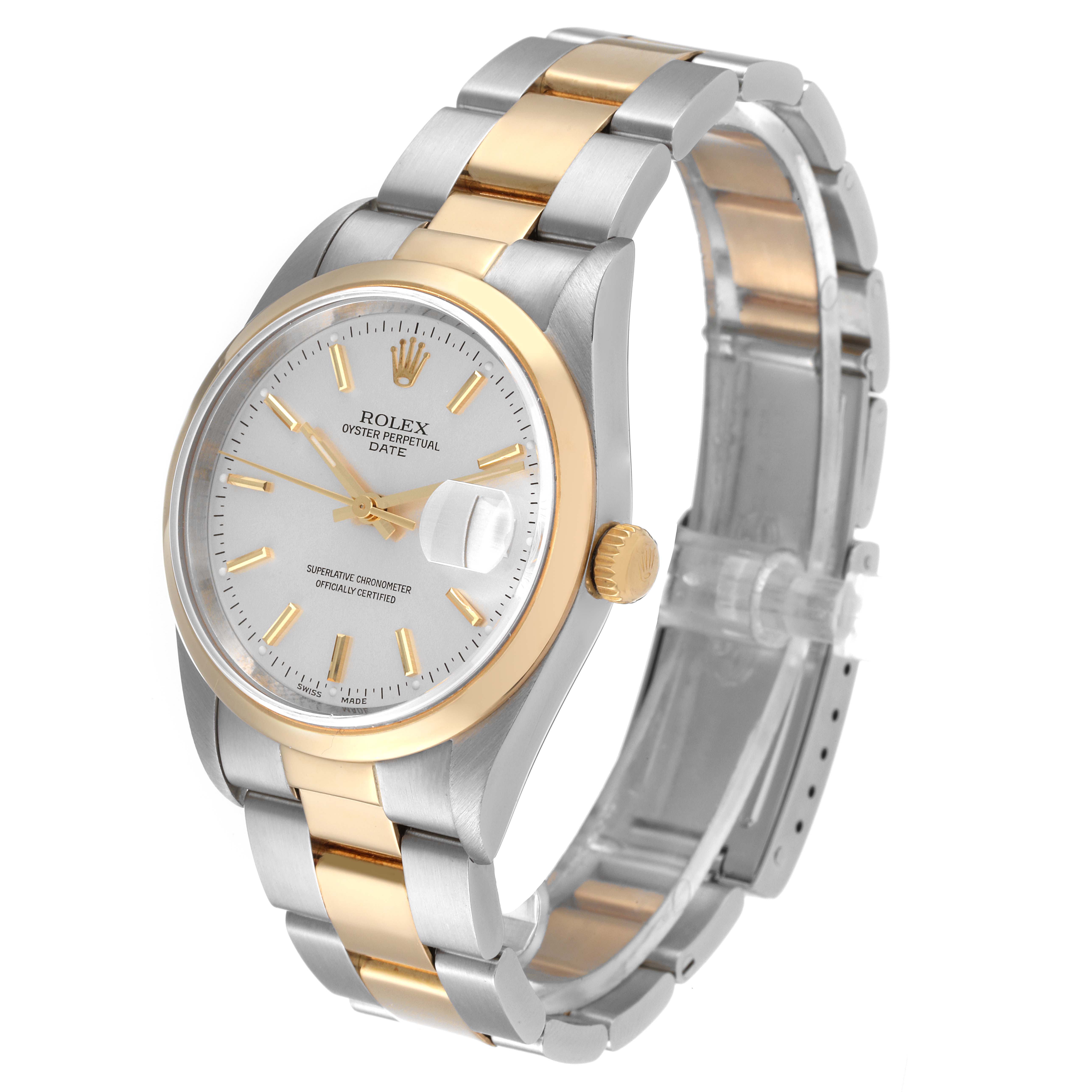 This image shows a Rolex Oyster Perpetual Date watch angled to display its dial, crown, and two-tone bracelet.