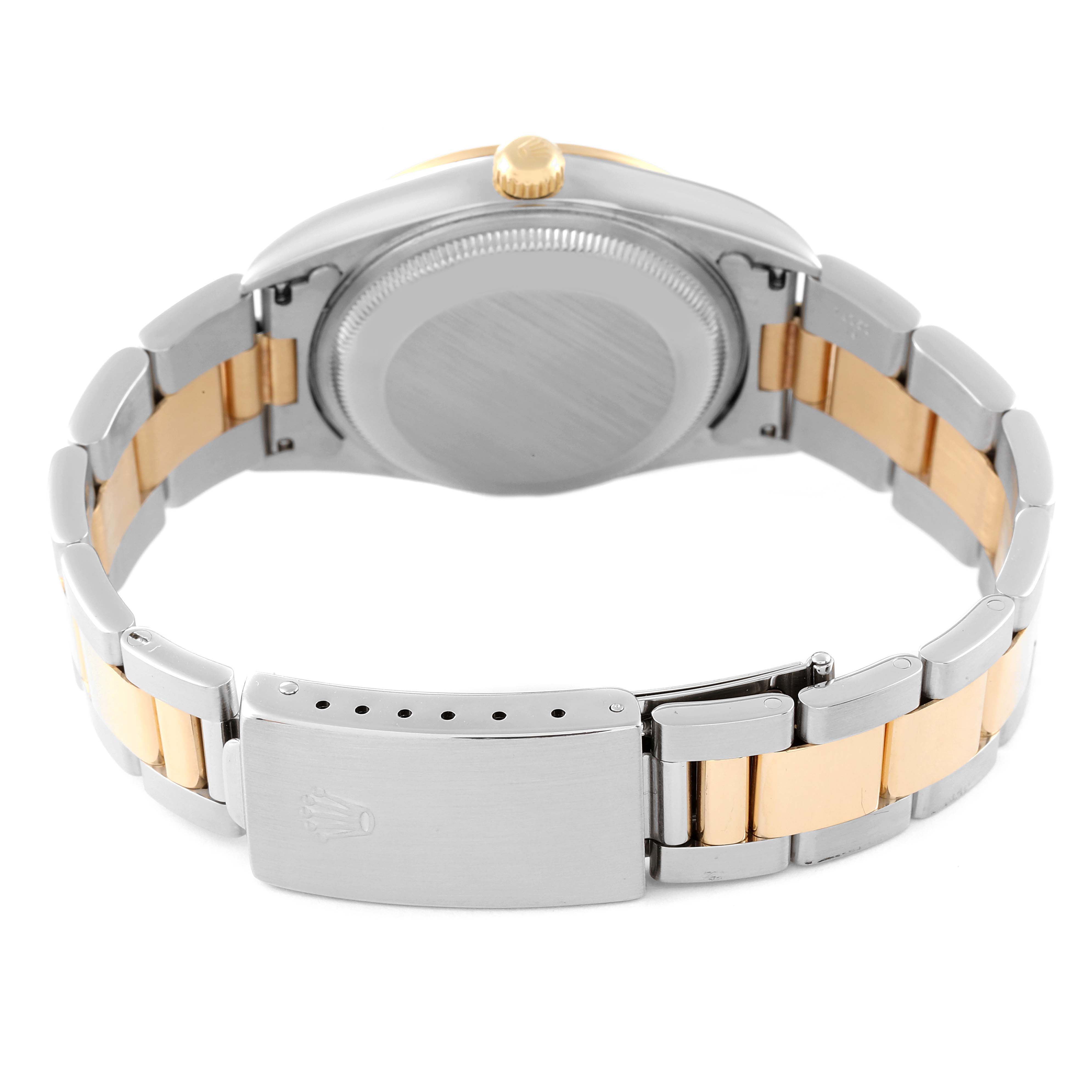 The image shows the back view of a Rolex Date 15203 Men's Steel and Gold (two tone) Silver Dial 15203 Men's Steel and Gold (two tone) Silver Dial model watch, highlighting its case, bracelet, and clasp.