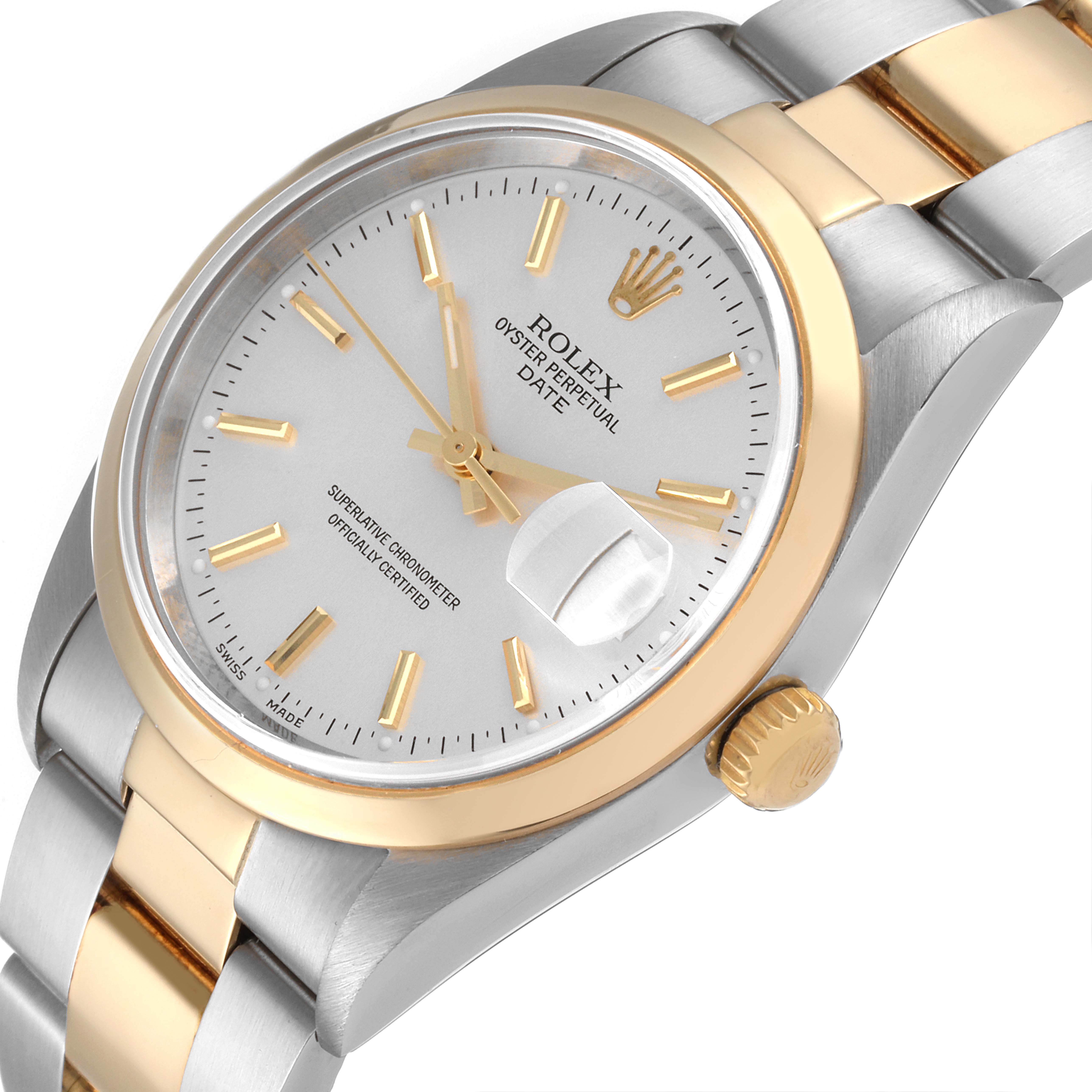 The image shows the dial, bezel, and a portion of the bracelet of a Rolex Oyster Perpetual Date model watch.