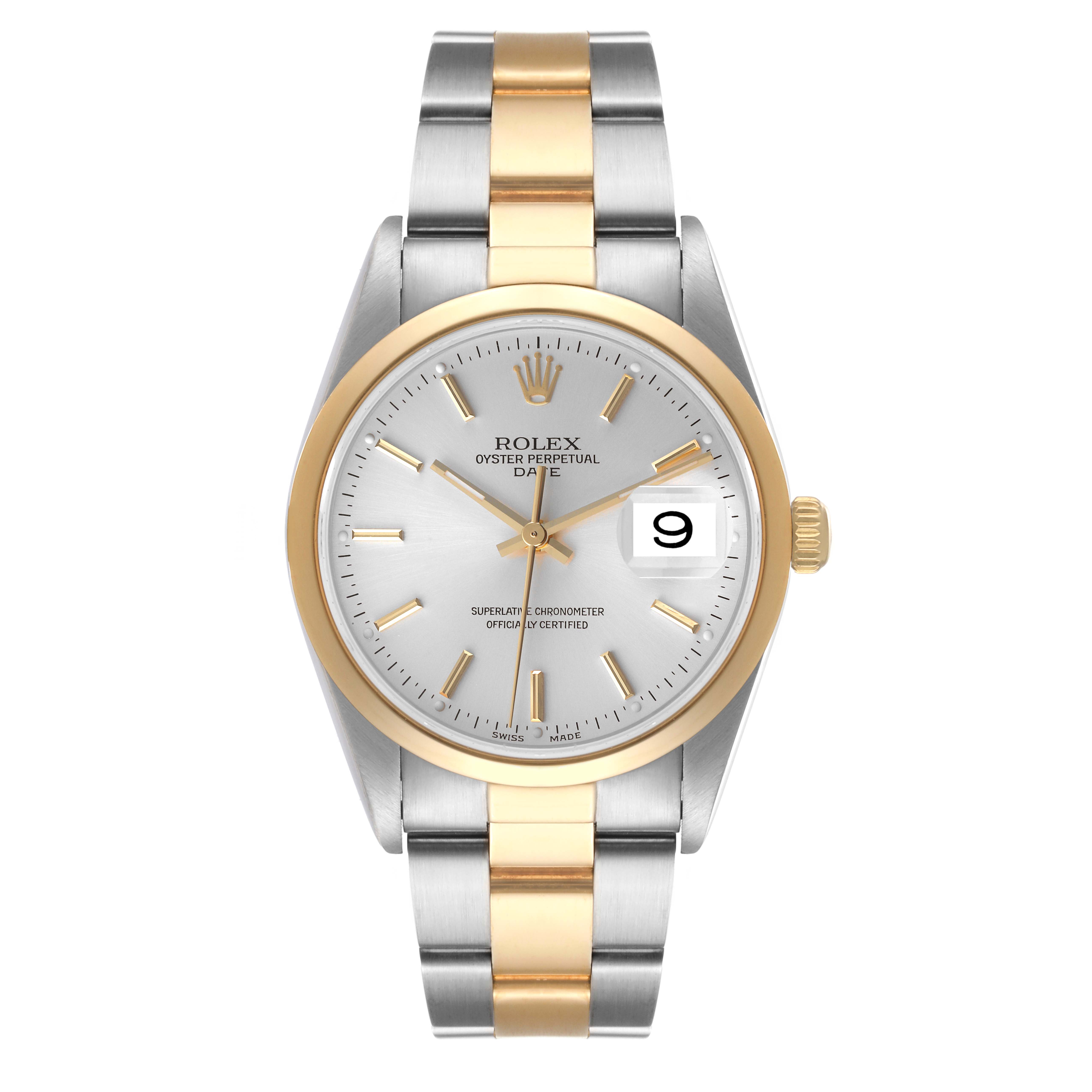 The image shows a front view of a Rolex Date 15203 Men's Steel and Gold (two tone) Silver Dial 15203 Men's Steel and Gold (two tone) Silver Dial model, displaying its dial, bezel, and two-tone bracelet.