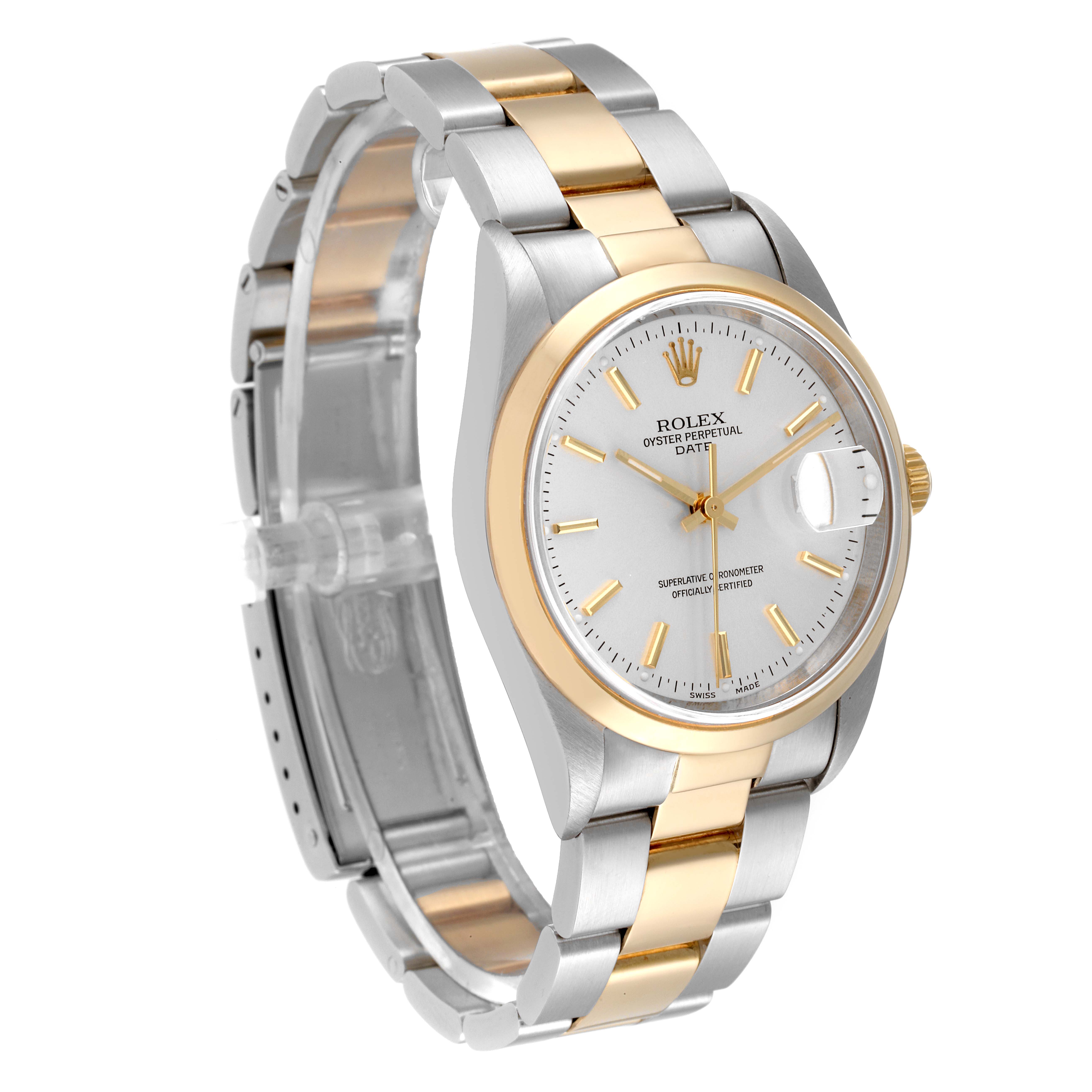 The image shows a Rolex Date 15203 Men's Steel and Gold (two tone) Silver Dial 15203 Men's Steel and Gold (two tone) Silver Dial watch at a three-quarter angle, highlighting the dial, bezel, and two-tone bracelet.