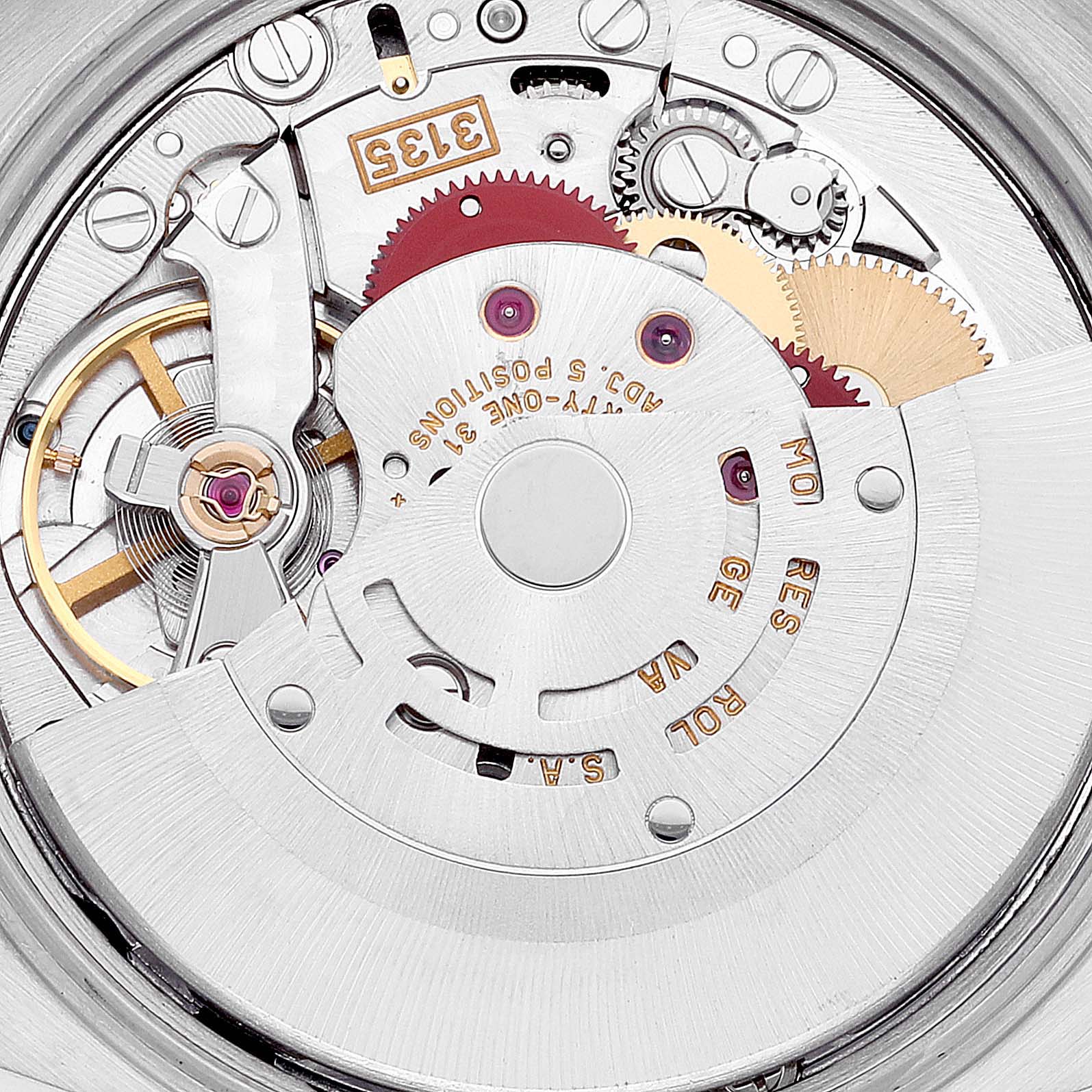 This image shows the intricate mechanics and movement of a Rolex Date 15203 Men's Steel and Gold (two tone) Silver Dial 15203 Men's Steel and Gold (two tone) Silver Dial model watch from a close-up, rear view angle.