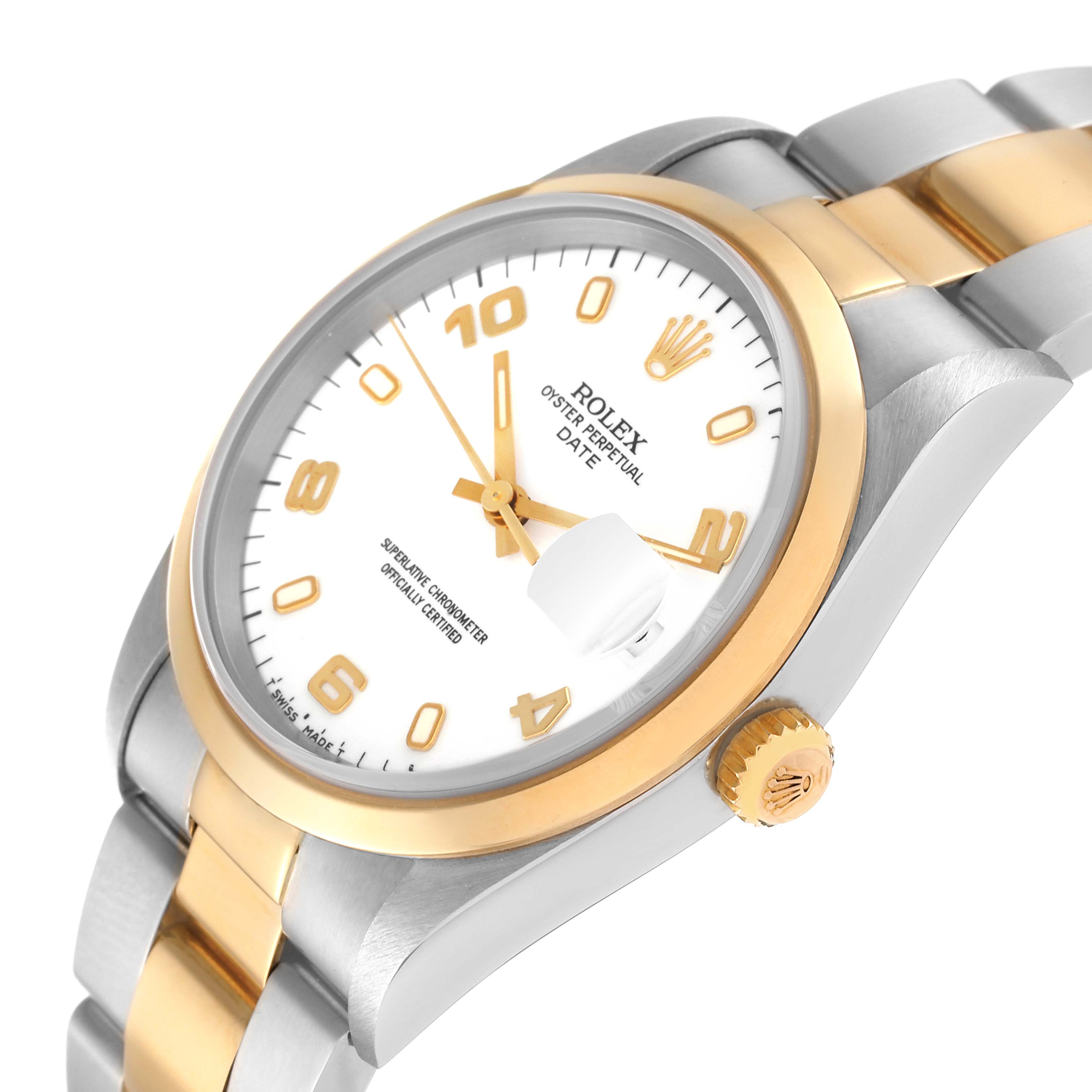 The image shows a Rolex Date 15203 Men's Steel and Gold (two tone) White Dial 15203 Men's Steel and Gold (two tone) White Dial model watch from an angled view, highlighting the dial, case, crown, and part of the bracelet.