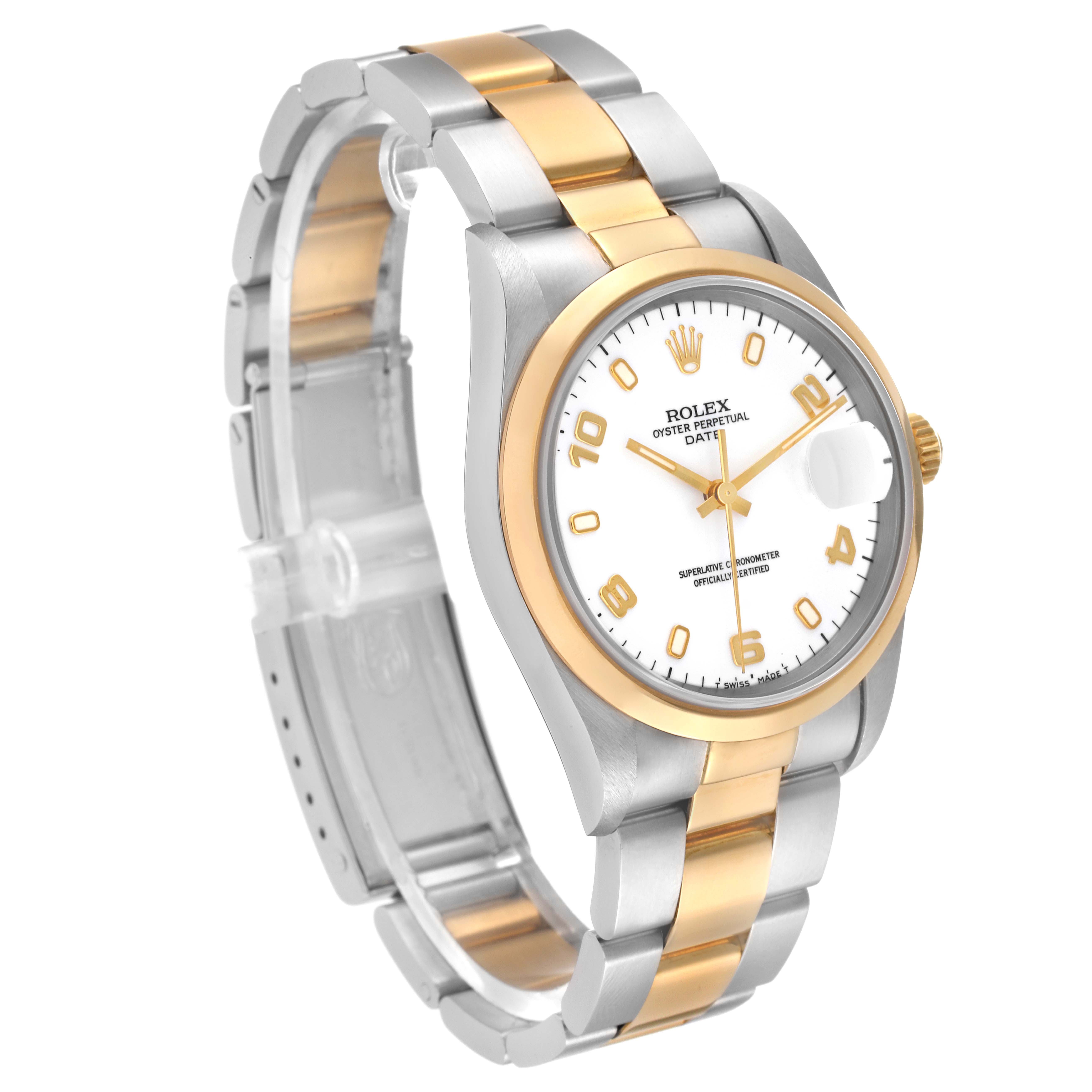 The image shows a Rolex Date 15203 Men's Steel and Gold (two tone) White Dial 15203 Men's Steel and Gold (two tone) White Dial model watch at a three-quarter angle, highlighting its face, bezel, and two-tone bracelet.