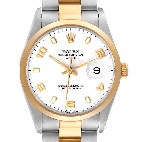 The image shows a front view of a Rolex Oyster Perpetual Date watch, highlighting its face, bezel, and bracelet.