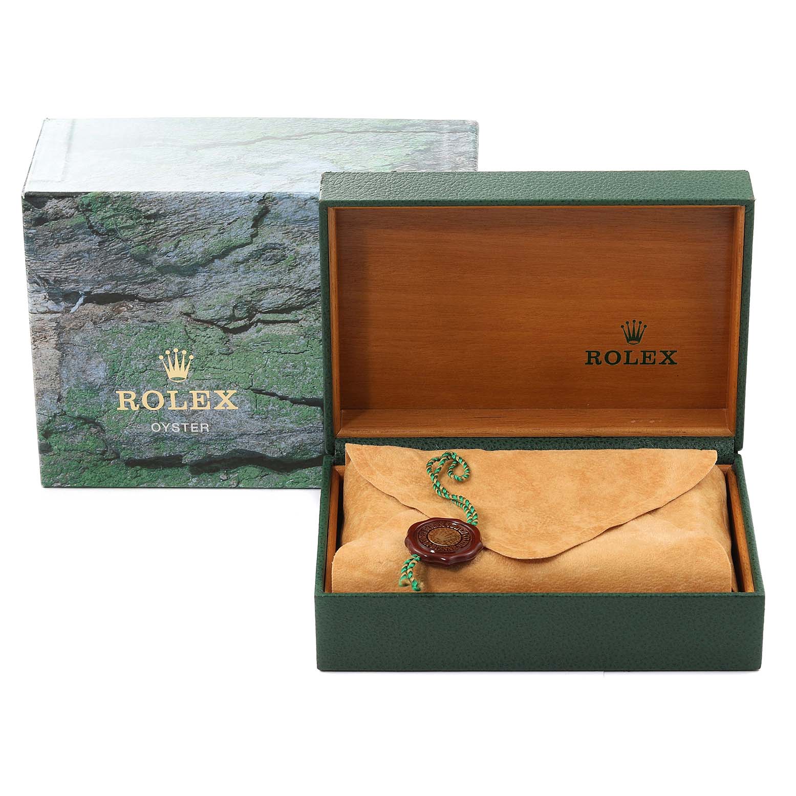 This image shows the packaging and storage box of a Rolex Date 15203 Men's Steel and Gold (two tone) White Dial 15203 Men's Steel and Gold (two tone) White Dial model watch, including an open green and brown box with a suede pouch.
