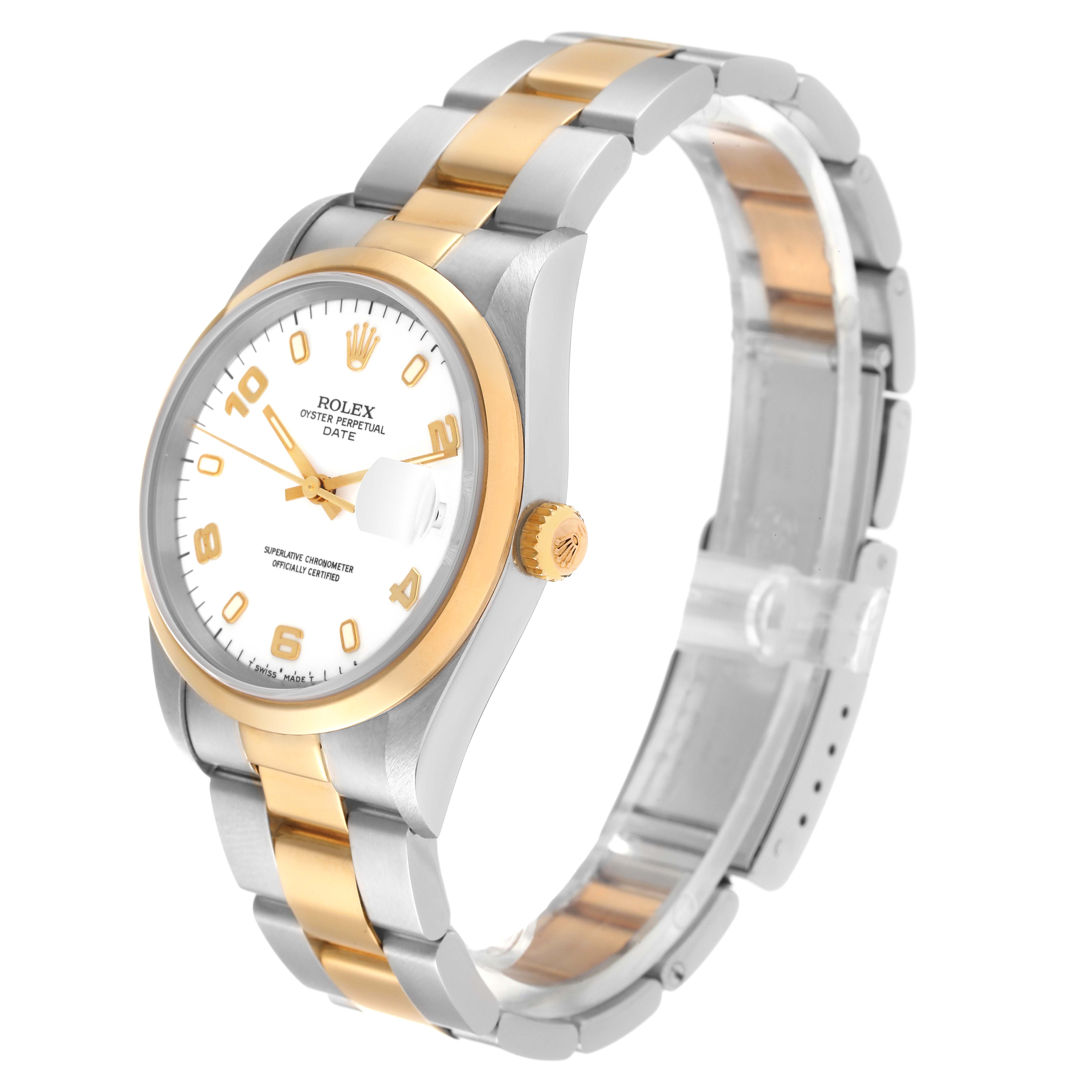 This image shows a side and front angle of the Rolex Oyster Perpetual Date model, highlighting its two-tone bracelet and dial.