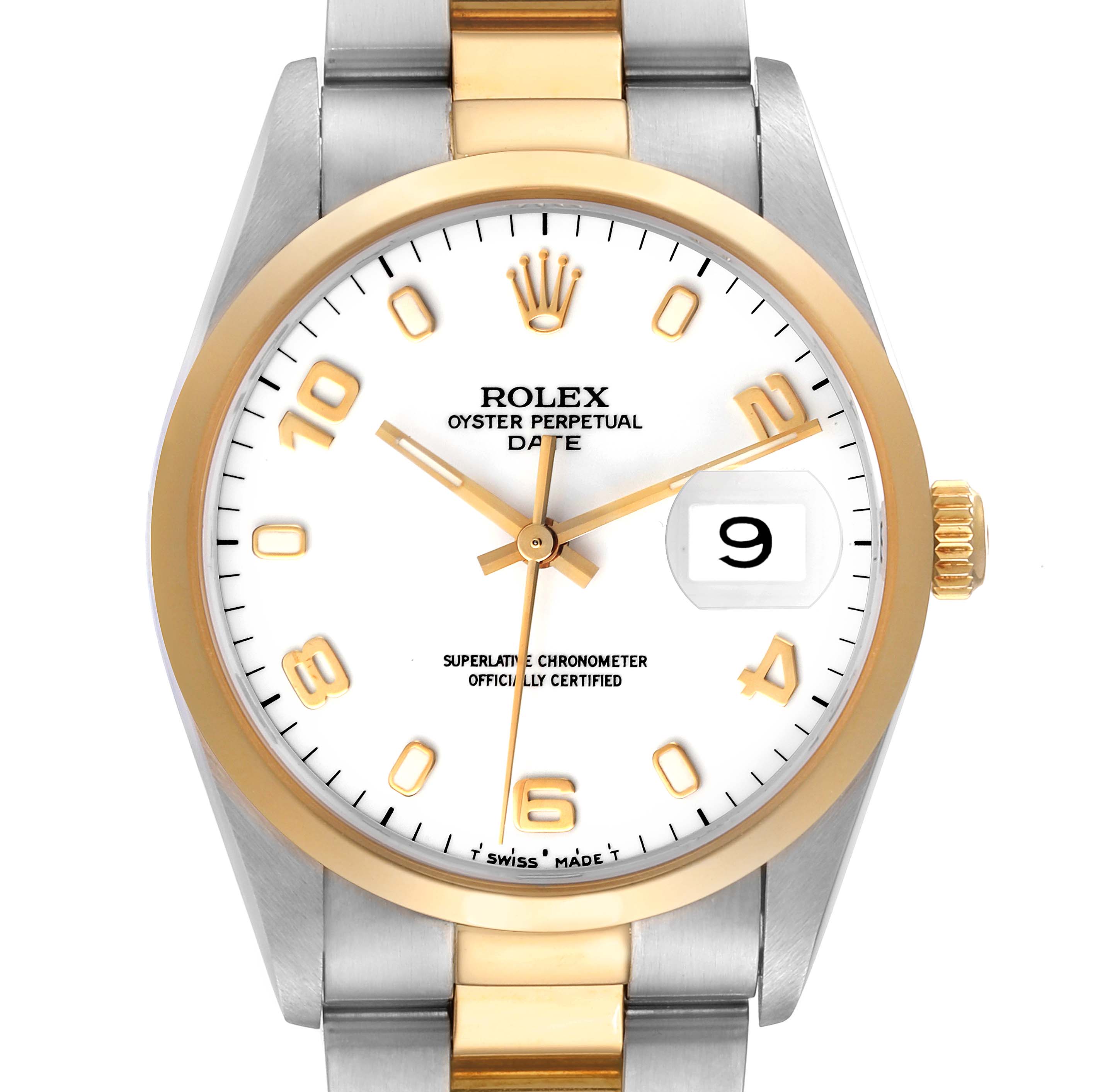 This image shows a frontal view of a Rolex Oyster Perpetual Date watch, highlighting its gold bezel, white dial, and date window.