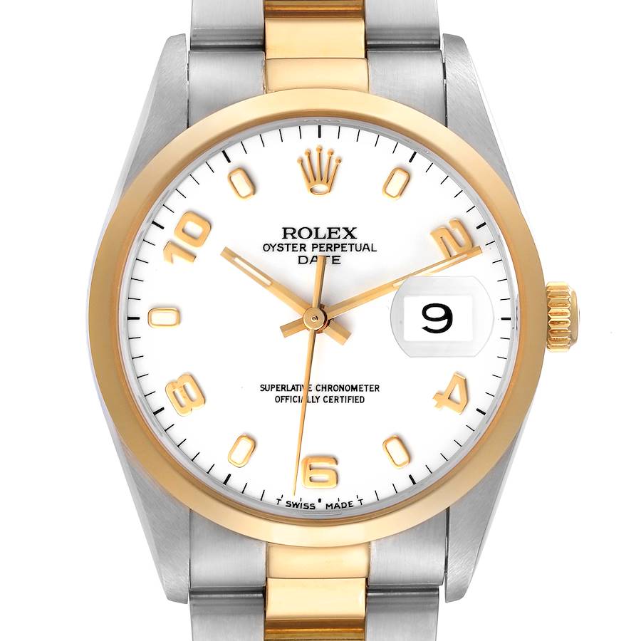 This image shows a frontal view of a Rolex Oyster Perpetual Date watch, highlighting its gold bezel, white dial, and date window.