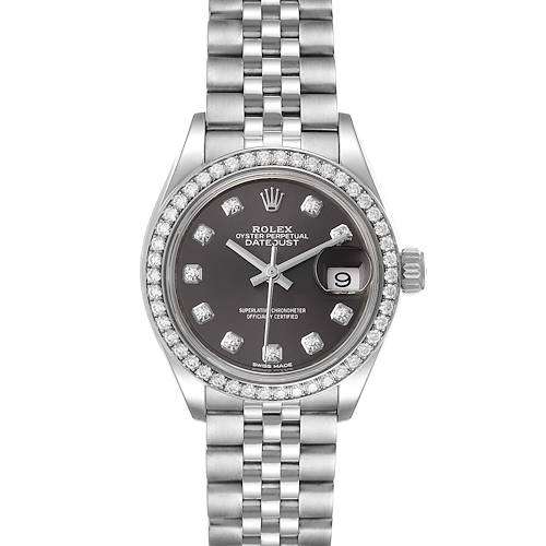 The image shows a Rolex Datejust 279384 Women's Stainless Steel Grey Dial 279384 Women's Stainless Steel Grey Dial watch, front angle, highlighting its dial, bezel, bracelet, and date window.