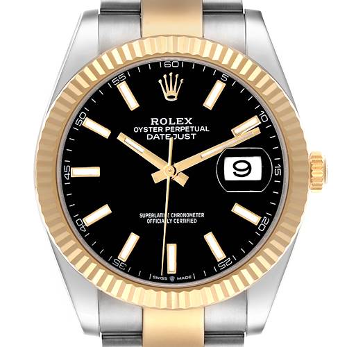 The Rolex Datejust 41 126333 Men's Steel and Gold (two tone) Black Dial is shown from the front, displaying the dial, bezel, crown, and part of the bracelet.
