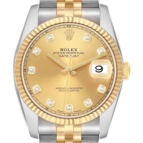 The Rolex Datejust 41 126333 Men's Steel and Gold (two tone) Champagne Dial is shown from the front, highlighting its dial, bezel, and partial bracelet.