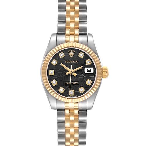 The Rolex Datejust 179173 Women's Steel and Gold (two tone) Black Dial watch is shown from a front angle, highlighting its dial, bezel, bracelet, and crown.