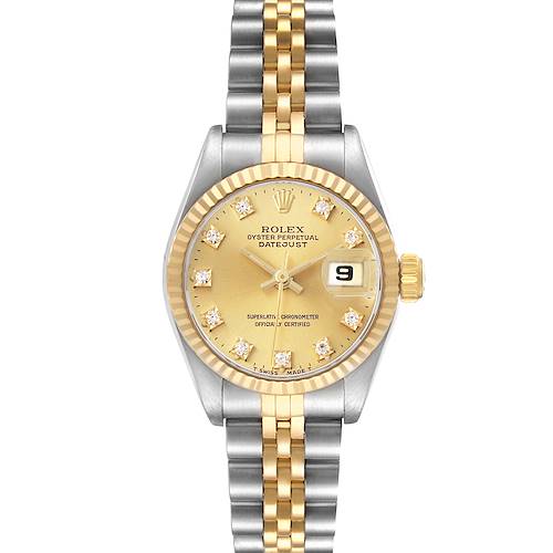 The Rolex Datejust 69173 Women's Steel and Gold (two tone) Champagne Dial watch is displayed from a front angle, showing the dial, bezel, and bracelet clearly.