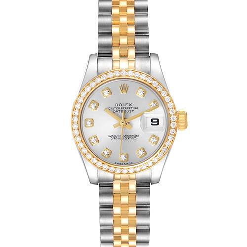 The Rolex Datejust 179383 Women's Steel and Gold (two tone) Silver Dial watch is shown from a front angle, displaying the dial, bezel, crown, and bracelet.