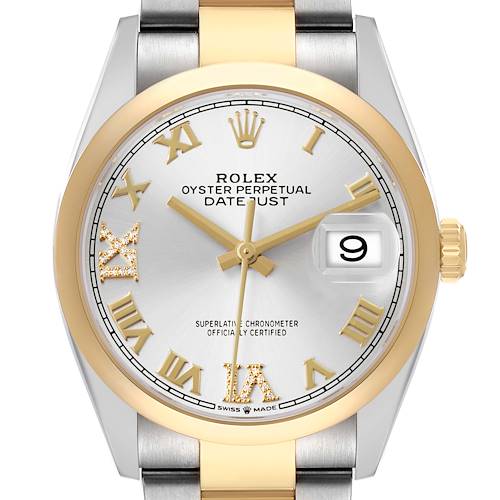 The image shows a front view of a Rolex Datejust 126203 Men's Steel and Gold (two tone) Silver Dial watch, highlighting the dial, hands, bezel, and part of the bracelet.