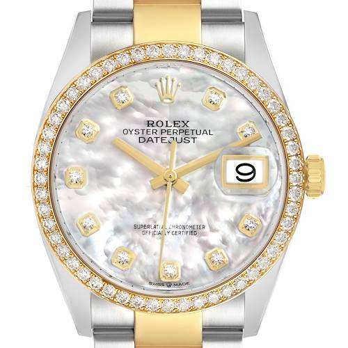 The Rolex Datejust 126283 Men's Steel and Gold (two tone) Mother of Pearl Dial watch is shown from a front angle, displaying its diamond bezel, mother-of-pearl dial, and date window.