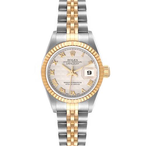 This is a front view of a Rolex Datejust 79173 Women's Steel and Gold (two tone) Beige Dial 79173 Women's Steel and Gold (two tone) Beige Dial watch, showing its face, bezel, and part of its two-tone bracelet.