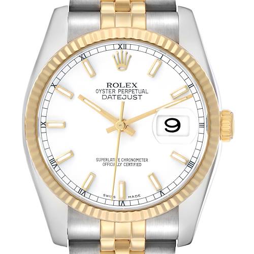 The Rolex Datejust 116233 Men's Steel and Gold (two tone) White Dial is shown from a front view displaying the dial, bezel, crown, and part of the bracelet.